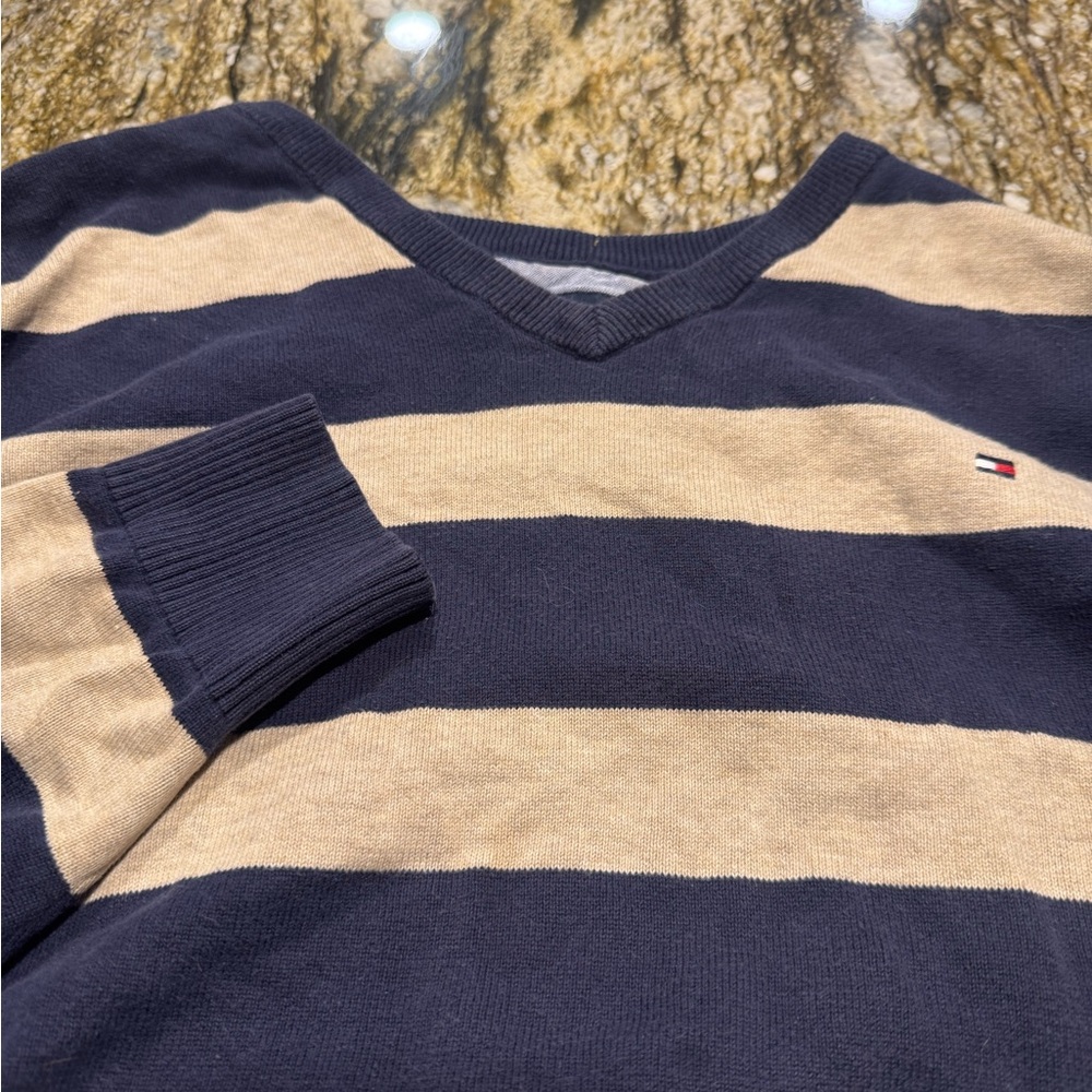 Tommy Hilfiger Sweater Mens L Blue Beige Striped Cotton Rugby Pullover Preppy